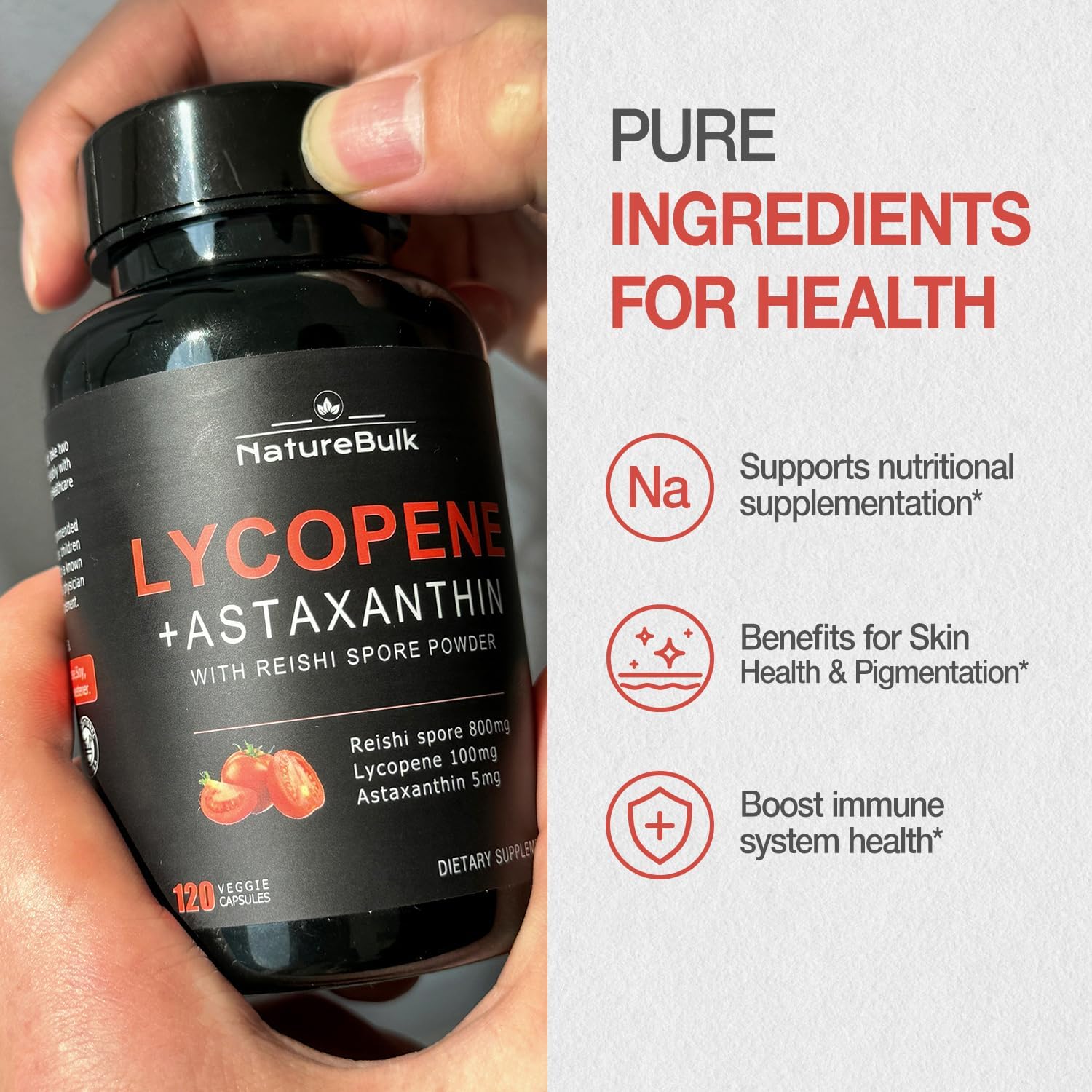 Lycopene and Astaxanthin Supplement with Reishi Spore for Skin Health and Immune Support - 120 Veggie Capsules