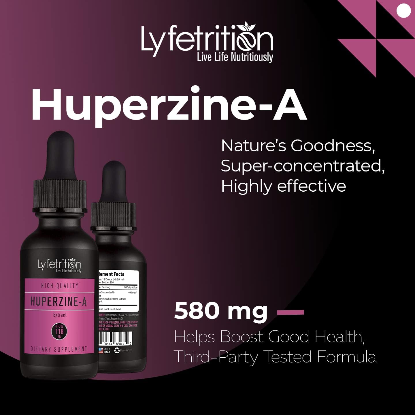 Lyfetrition Huperzine Supplement - 380mg, 4 Oz Liquid, 220 Servings - USA Made, Fast Absorption, Quality Ingredients - Non-GMO, Third-Party Tested, GMP Certified, Cruelty-Free
