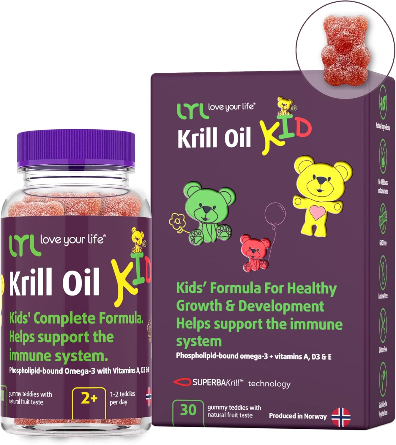 LYL Krill Oil Kid Gummy Bears with Vitamins D3, E, and A for Healthy Growth & Development - Pack of 30 Gummies with Orange, Apple, & Raspberry Flavor