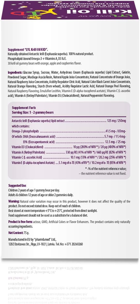 LYL Krill Oil Kid Gummy Bears with Vitamins D3, E, and A for Healthy Growth & Development - Pack of 30 Gummies with Orange, Apple, & Raspberry Flavor