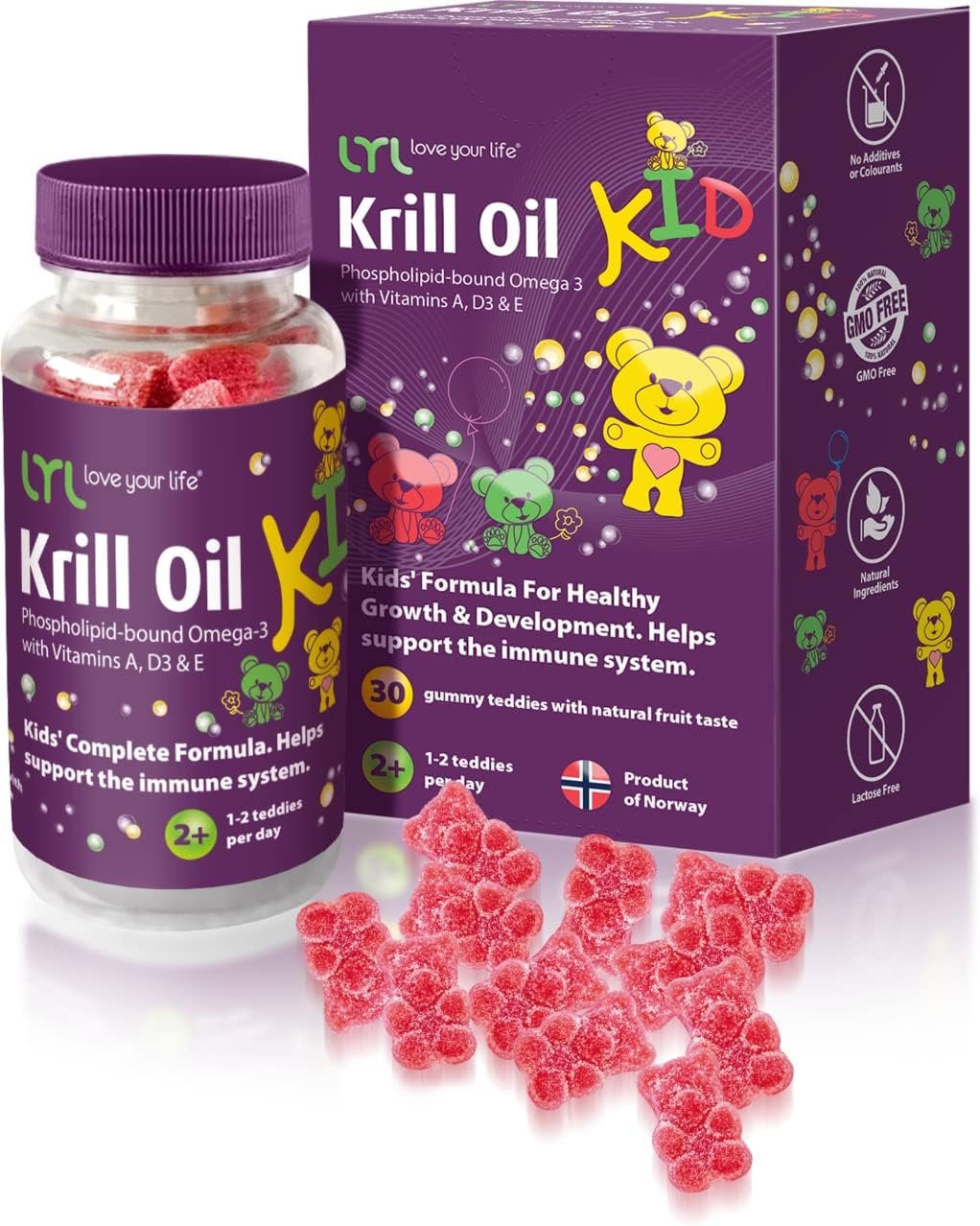 LYL Krill Oil Kids Gummy Bears with Vitamins D3, E, A - Omega 3 for Growth & Development - Orange, Apple & Raspberries Taste - Pack of 60