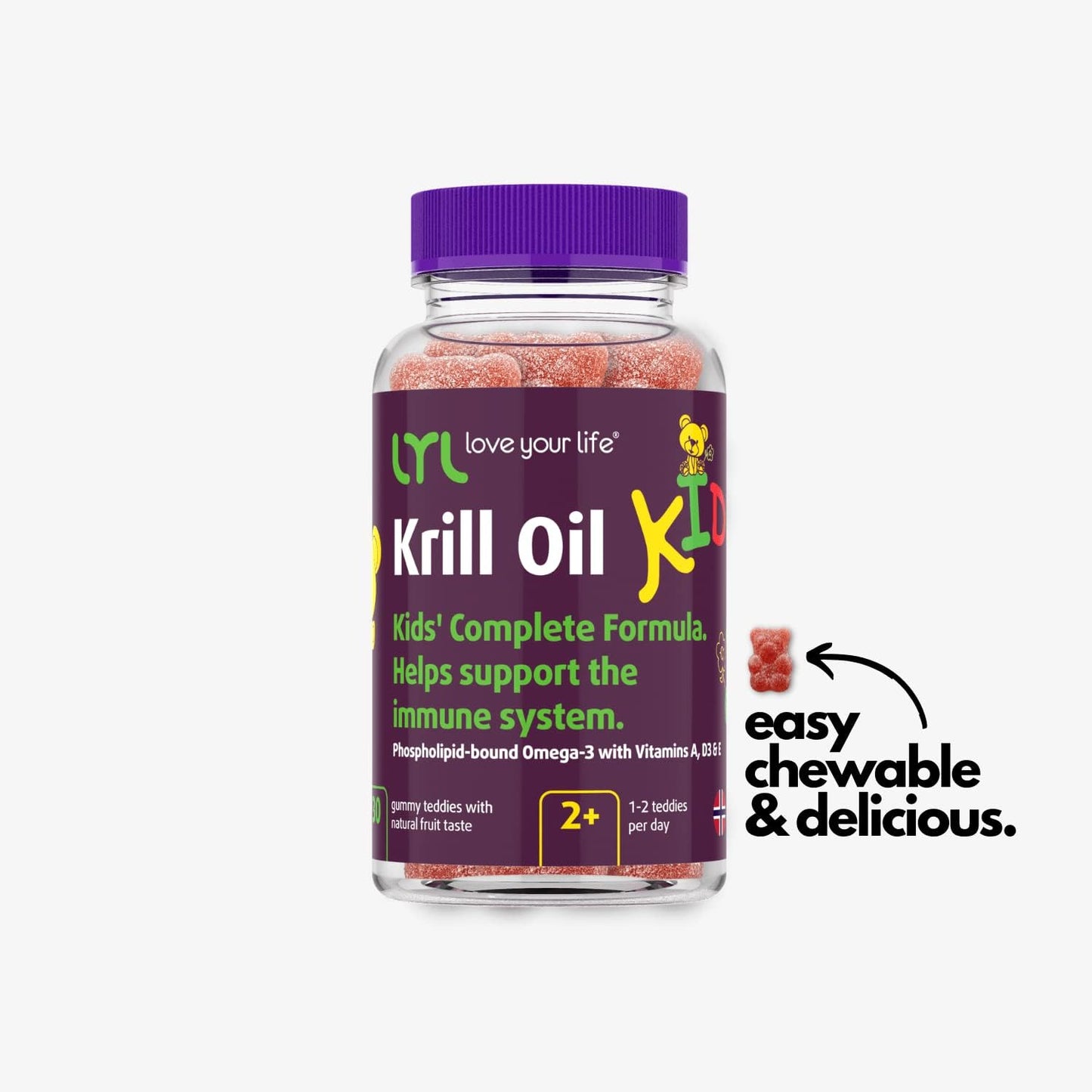 LYL Krill Oil Kids Gummy Bears with Vitamins D3, E, A - Omega 3 for Growth & Development - Orange, Apple & Raspberries Taste - Pack of 60