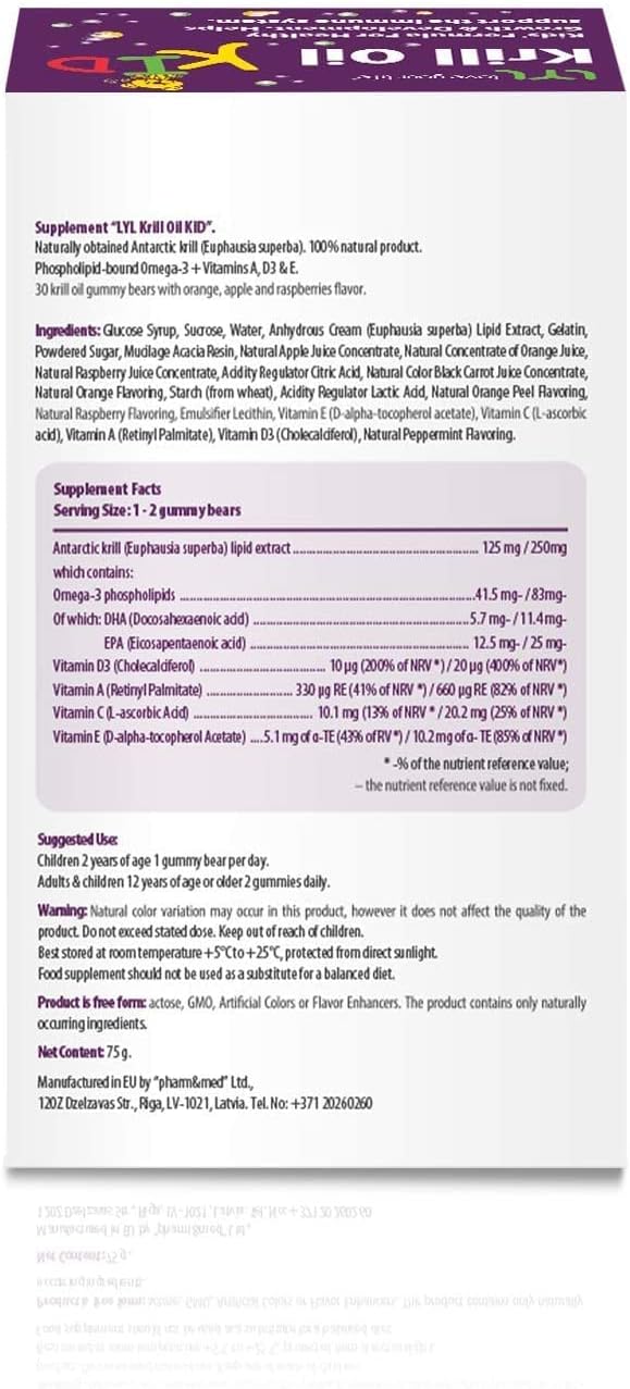 LYL Krill Oil Kids Gummy Bears with Vitamins D3, E, A - Omega 3 for Growth & Development - Orange, Apple & Raspberries Taste - Pack of 60
