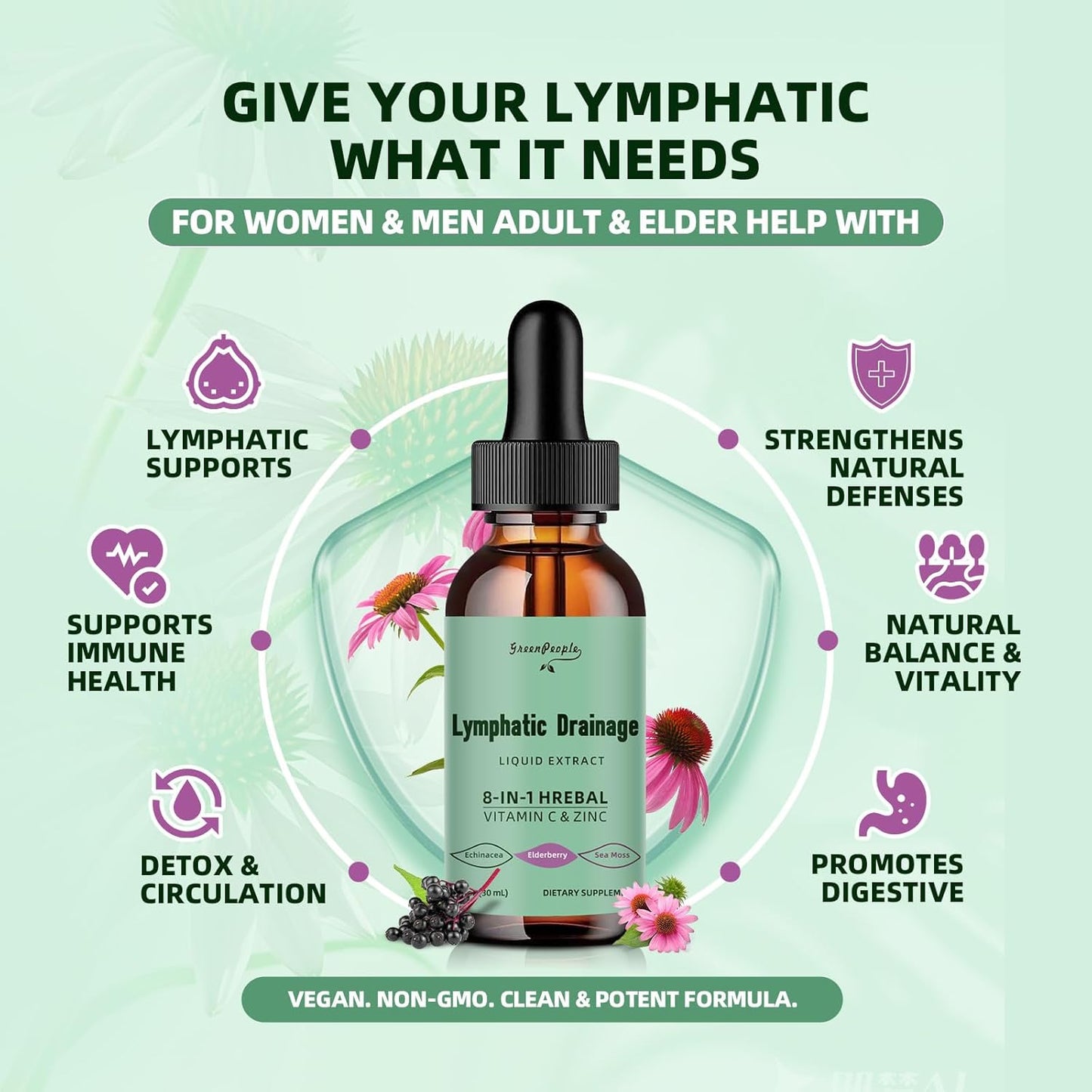 Lymphatic Support Drops with Echinacea & Elderberry - Vegan Cleanse Supplements - Immune Booster - Non-GMO (2 Pack)
