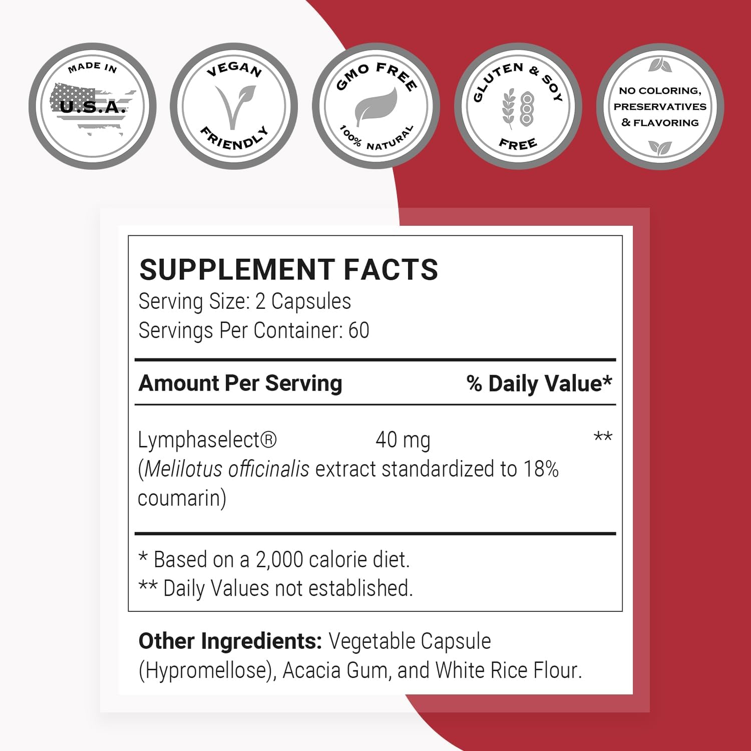 Lymphatonic 40mg Daily Supplement for Lymphatic Drainage - Melilotus Officinalis - 120 Capsules, Non-GMO & Gluten Free