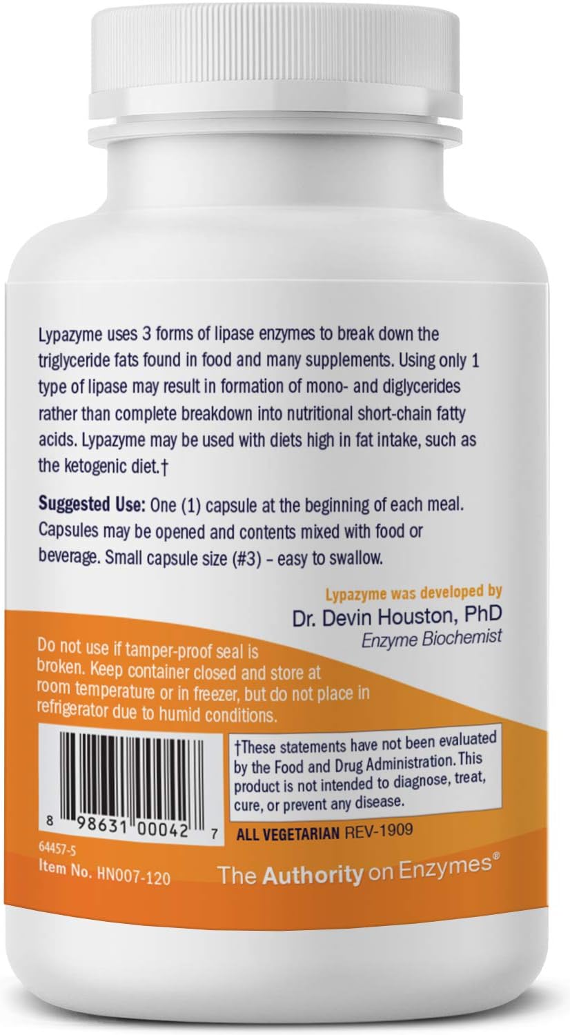 Lypazyme Houston Enzymes - 120 Capsules for Complete Breakdown of Triglyceride Fats - 3 Lipase Enzymes - Ideal for High-Fat Diets