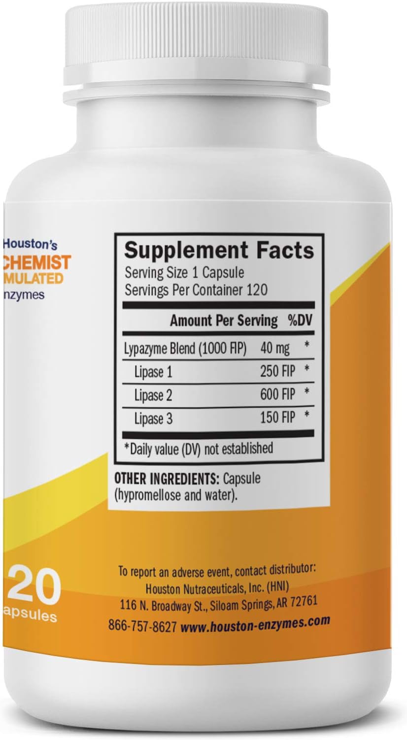 Lypazyme Houston Enzymes - 120 Capsules for Complete Breakdown of Triglyceride Fats - 3 Lipase Enzymes - Ideal for High-Fat Diets