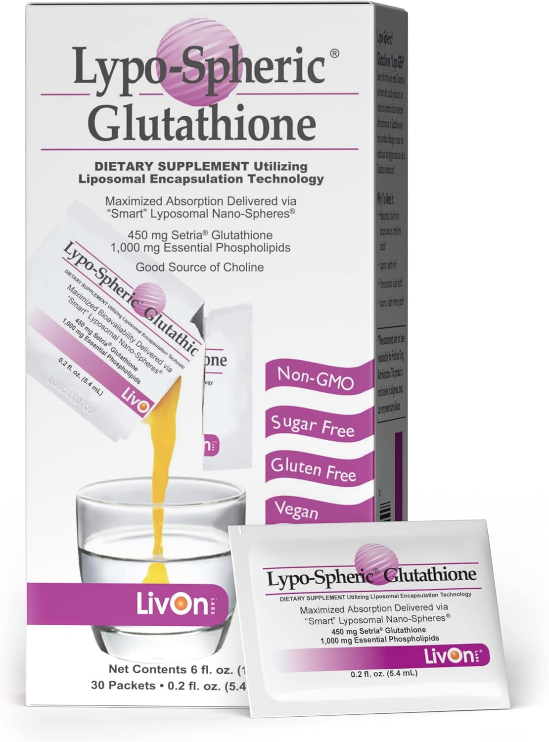 Lypo-Spheric Glutathione 30 Packets - 450mg per Packet - Maximum Bioavailability - Non-GMO - Professionally Formulated