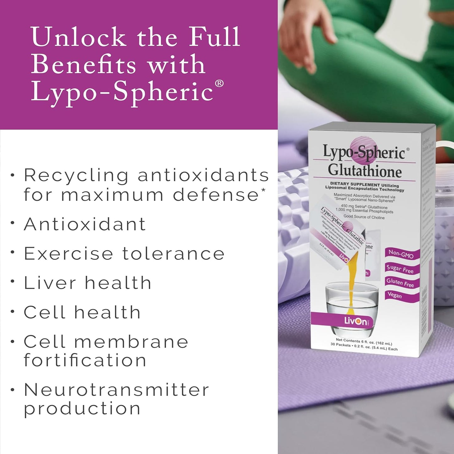 Lypo-Spheric Glutathione 30 Packets - 450mg per Packet - Maximum Bioavailability - Non-GMO - Professionally Formulated