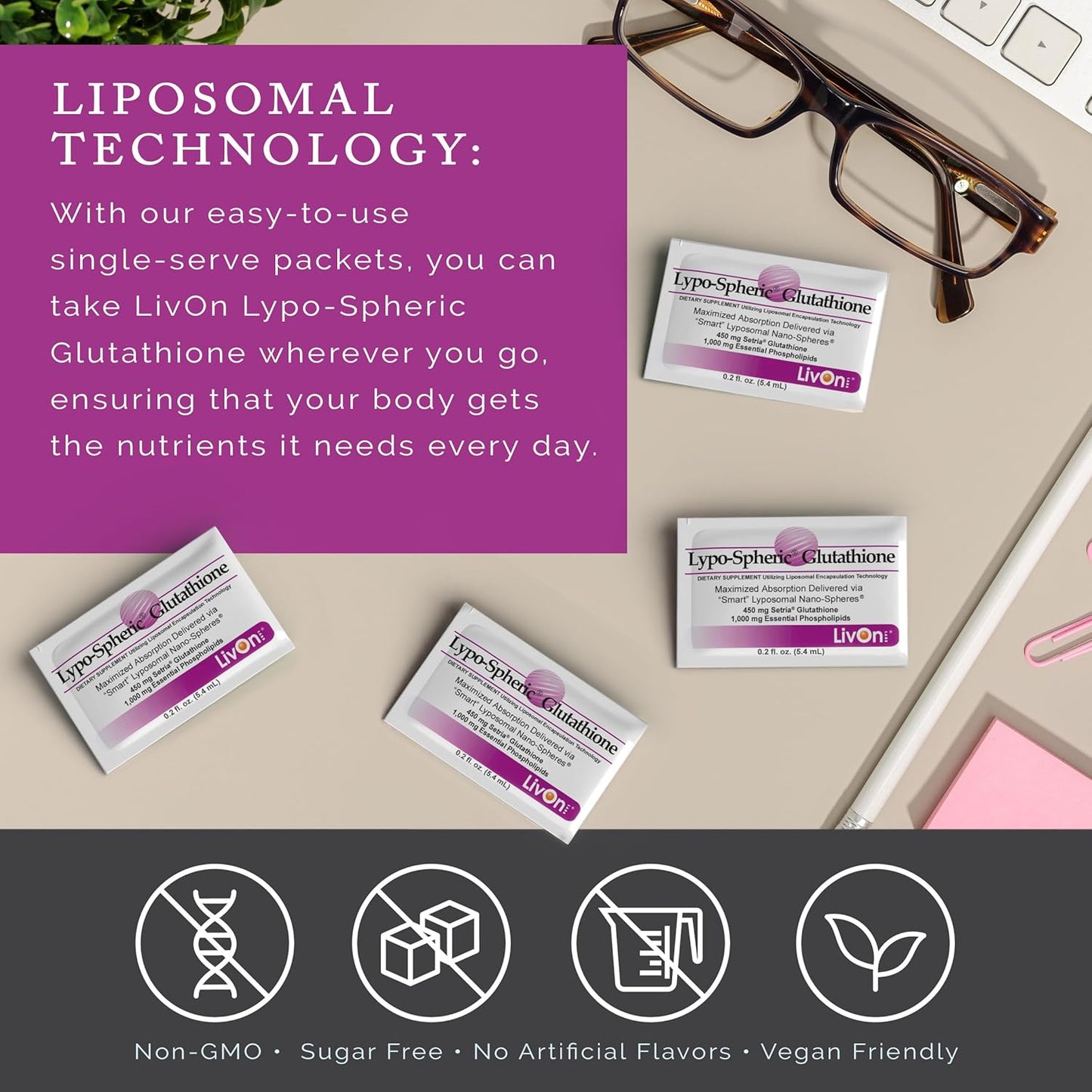 Lypo-Spheric Glutathione 30 Packets - 450mg per Packet - Maximum Bioavailability - Non-GMO - Professionally Formulated
