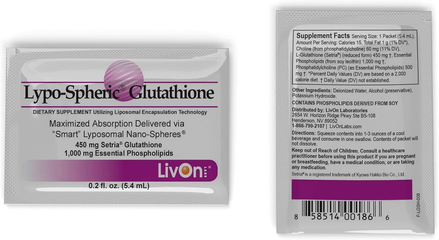 Lypo-Spheric Glutathione 30 Packets - 450mg per Packet - Maximum Bioavailability - Non-GMO - Professionally Formulated