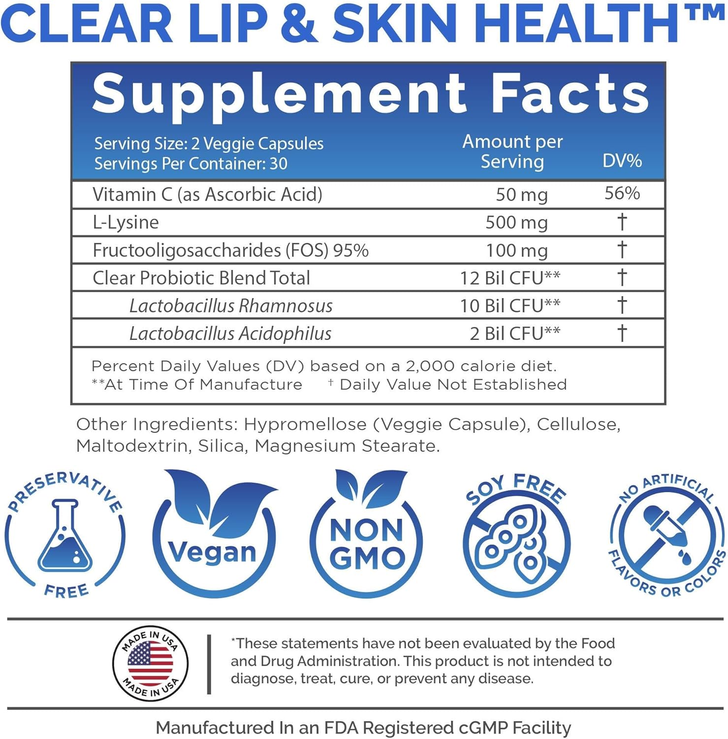 Lysine Probiotic Cold Sore Treatment for Lips with Vitamin C - Immune Support for Clear Skin and Lip Health