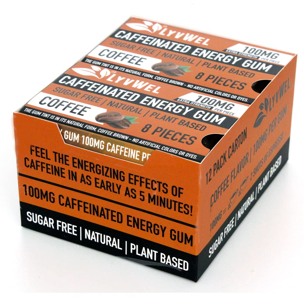 LyvWel Energy Gum | Natural Sugar-Free Pre-Workout Boost with 100mg Caffeine | Stay Awake with Essential Energy Supplement - Carton of 12 (Coffee Flavor)
