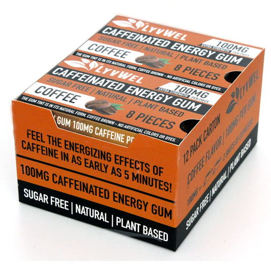 LyvWel Energy Gum | Natural Sugar-Free Pre-Workout Boost with 100mg Caffeine | Stay Awake with Essential Energy Supplement - Carton of 12 (Coffee Flavor)