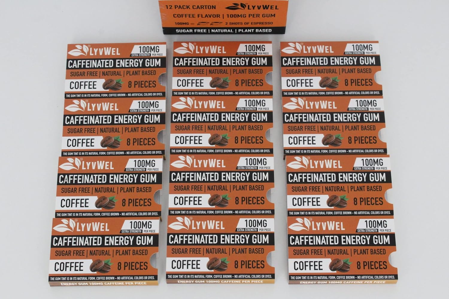 LyvWel Energy Gum | Natural Sugar-Free Pre-Workout Boost with 100mg Caffeine | Stay Awake with Essential Energy Supplement - Carton of 12 (Coffee Flavor)