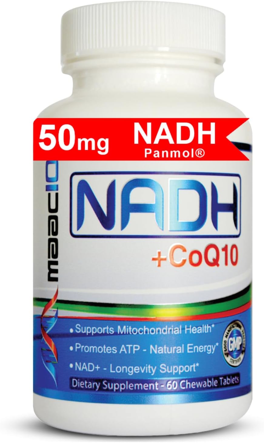 MAAC10 NADH and CoQ10 Chewable Tablets for Energy and Focus - 60 Tablets (2 per Serving)
