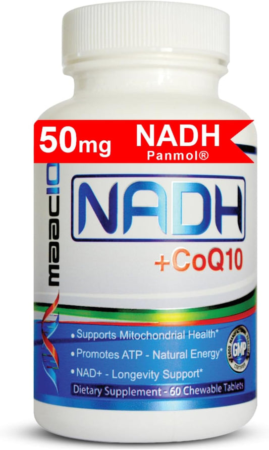 MAAC10 NADH and CoQ10 Chewable Tablets for Energy and Focus - 60 Tablets (2 per Serving)