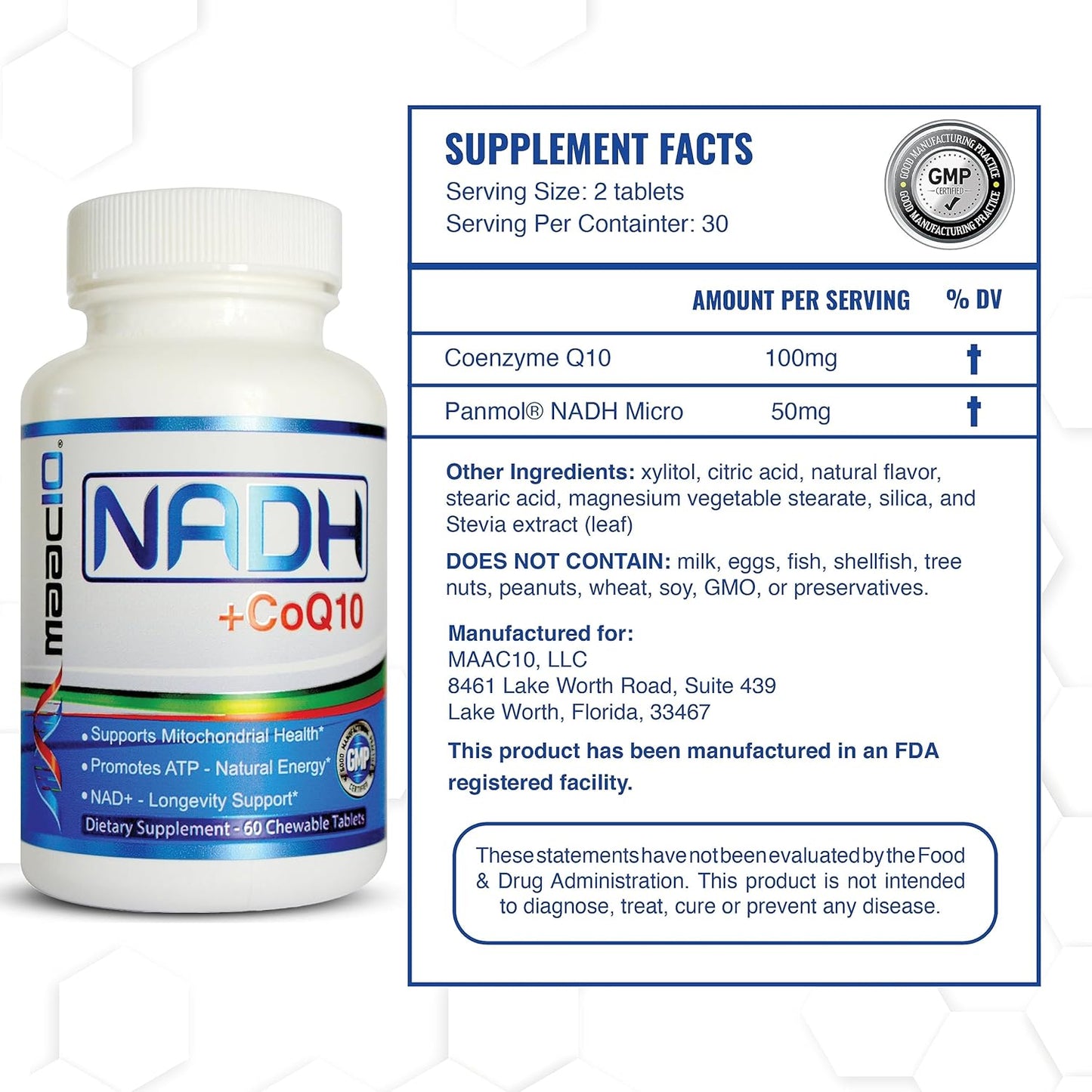 MAAC10 NADH and CoQ10 Chewable Tablets for Energy and Focus - 60 Tablets (2 per Serving)