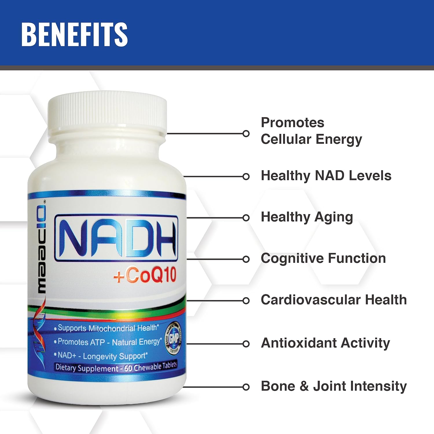 MAAC10 NADH and CoQ10 Chewable Tablets for Energy and Focus - 60 Tablets (2 per Serving)