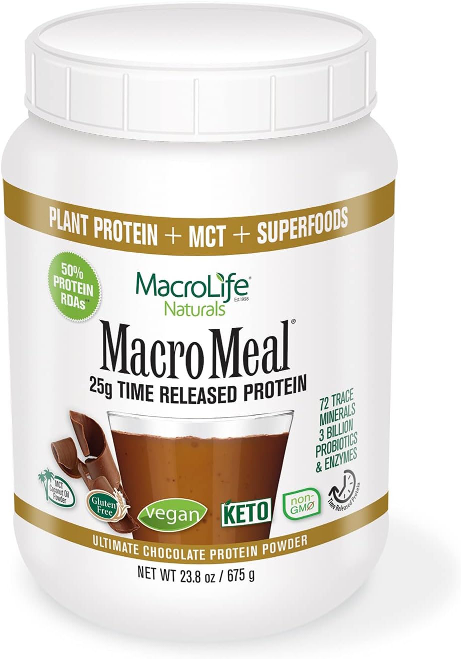 MacroLife Naturals MacroMeal Vegan Chocolate Protein Powder with Superfood Greens, Probiotics, Fiber, and Daily Essentials - Gluten-Free 23.8oz