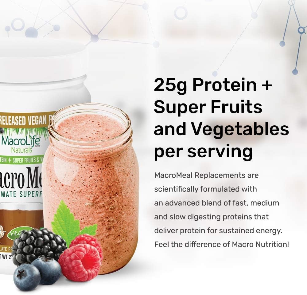 MacroLife Naturals MacroMeal Vegan Chocolate Protein Powder with Superfood Greens, Probiotics, Fiber, and Daily Essentials - Gluten-Free 23.8oz