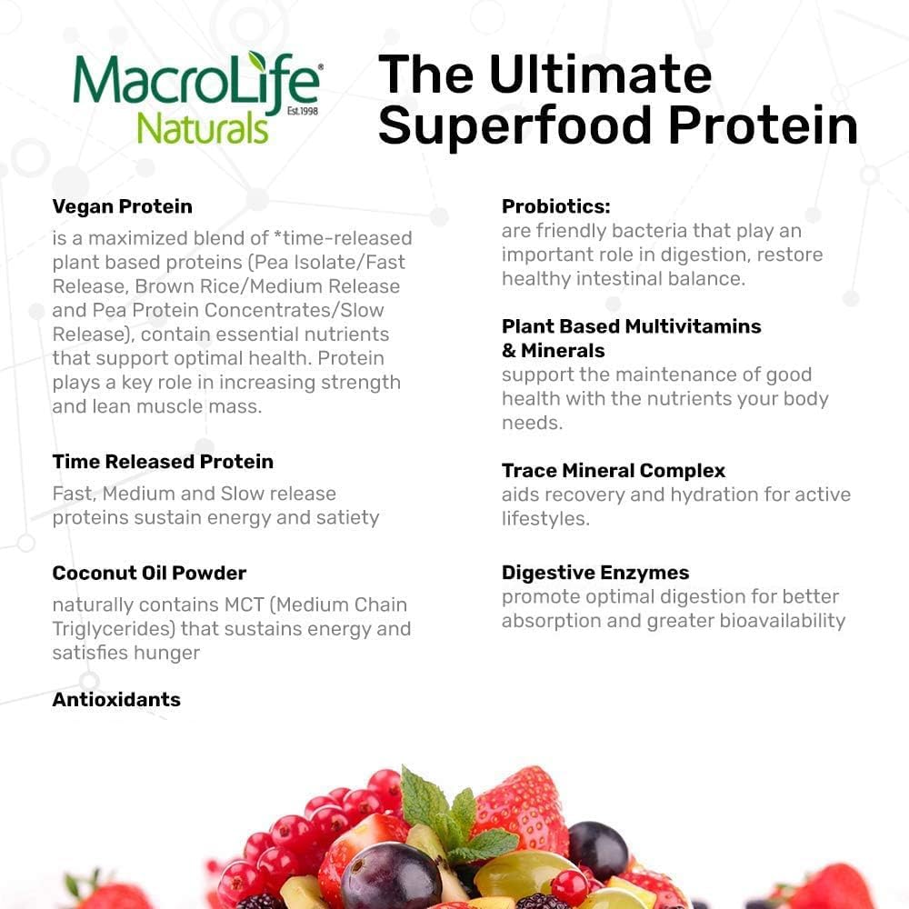 MacroLife Naturals MacroMeal Vegan Chocolate Protein Powder with Superfood Greens, Probiotics, Fiber, and Daily Essentials - Gluten-Free 23.8oz