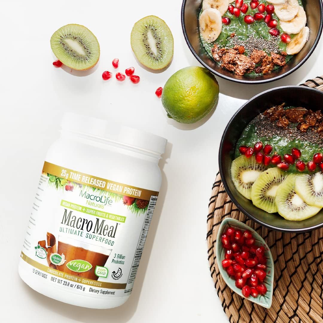 MacroLife Naturals MacroMeal Vegan Chocolate Protein Powder with Superfood Greens, Probiotics, Fiber, and Daily Essentials - Gluten-Free 23.8oz