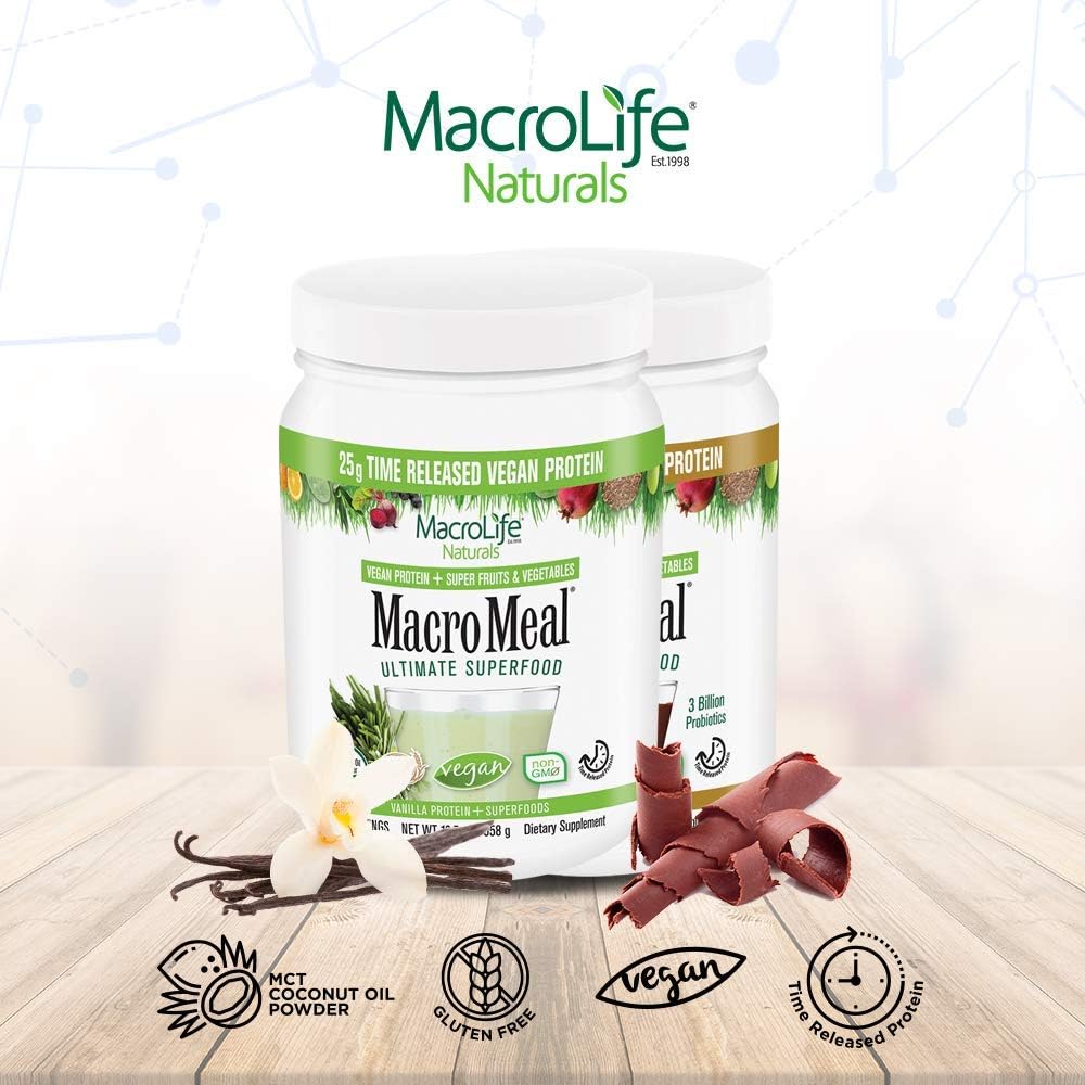 MacroLife Naturals MacroMeal Vegan Chocolate Protein Powder with Superfood Greens, Probiotics, Fiber, and Daily Essentials - Gluten-Free 23.8oz