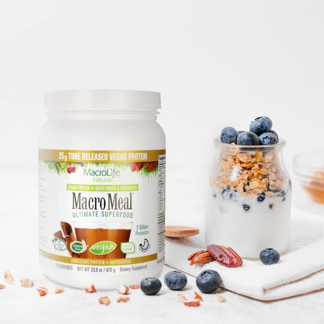 MacroLife Naturals MacroMeal Vegan Chocolate Protein Powder with Superfood Greens, Probiotics, Fiber, and Daily Essentials - Gluten-Free 23.8oz