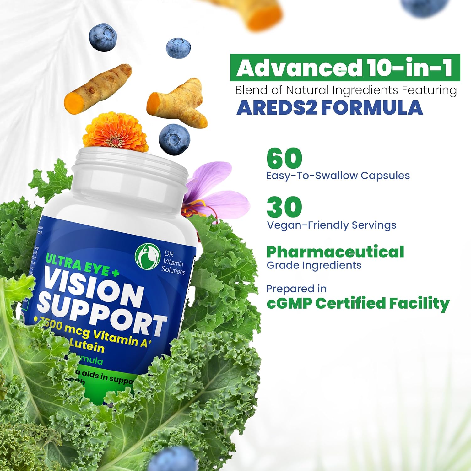Macular Health Eye Vitamins with Lutein, Zinc, Vitamin A & Bilberry | Areds 2 Formula for Red & Dry Eyes | Vision Support Supplements (60 Capsules)