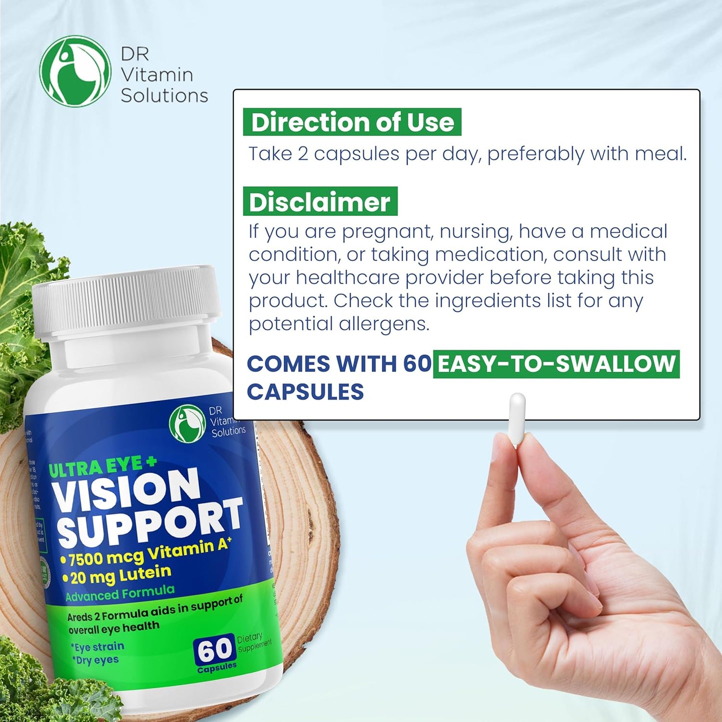 Macular Health Eye Vitamins with Lutein, Zinc, Vitamin A & Bilberry | Areds 2 Formula for Red & Dry Eyes | Vision Support Supplements (60 Capsules)