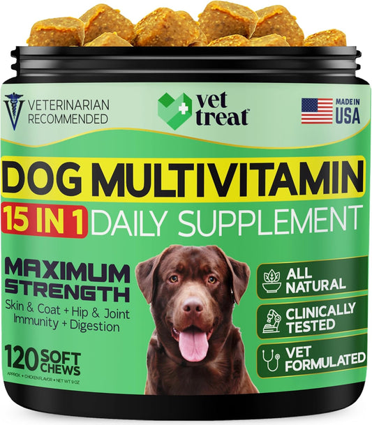 Made in USA Dog Multivitamin Chewable Treats with Glucosamine for Puppies and Seniors - 120 Treats - Dog Vitamins for Skin, Heart, Immunity, Hip & Joint Support + Salmon Oil & Probiotics