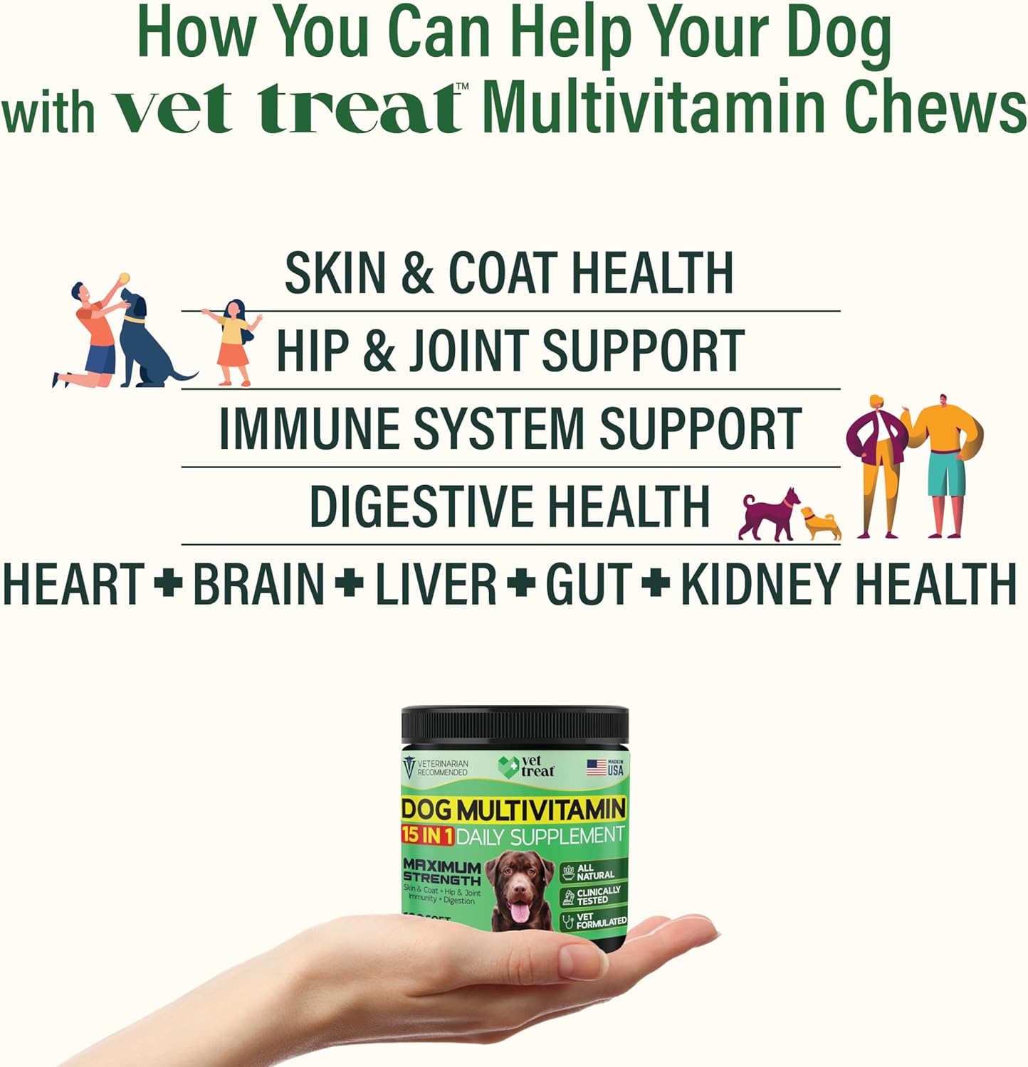 Made in USA Dog Multivitamin Chewable Treats with Glucosamine for Puppies and Seniors - 120 Treats - Dog Vitamins for Skin, Heart, Immunity, Hip & Joint Support + Salmon Oil & Probiotics