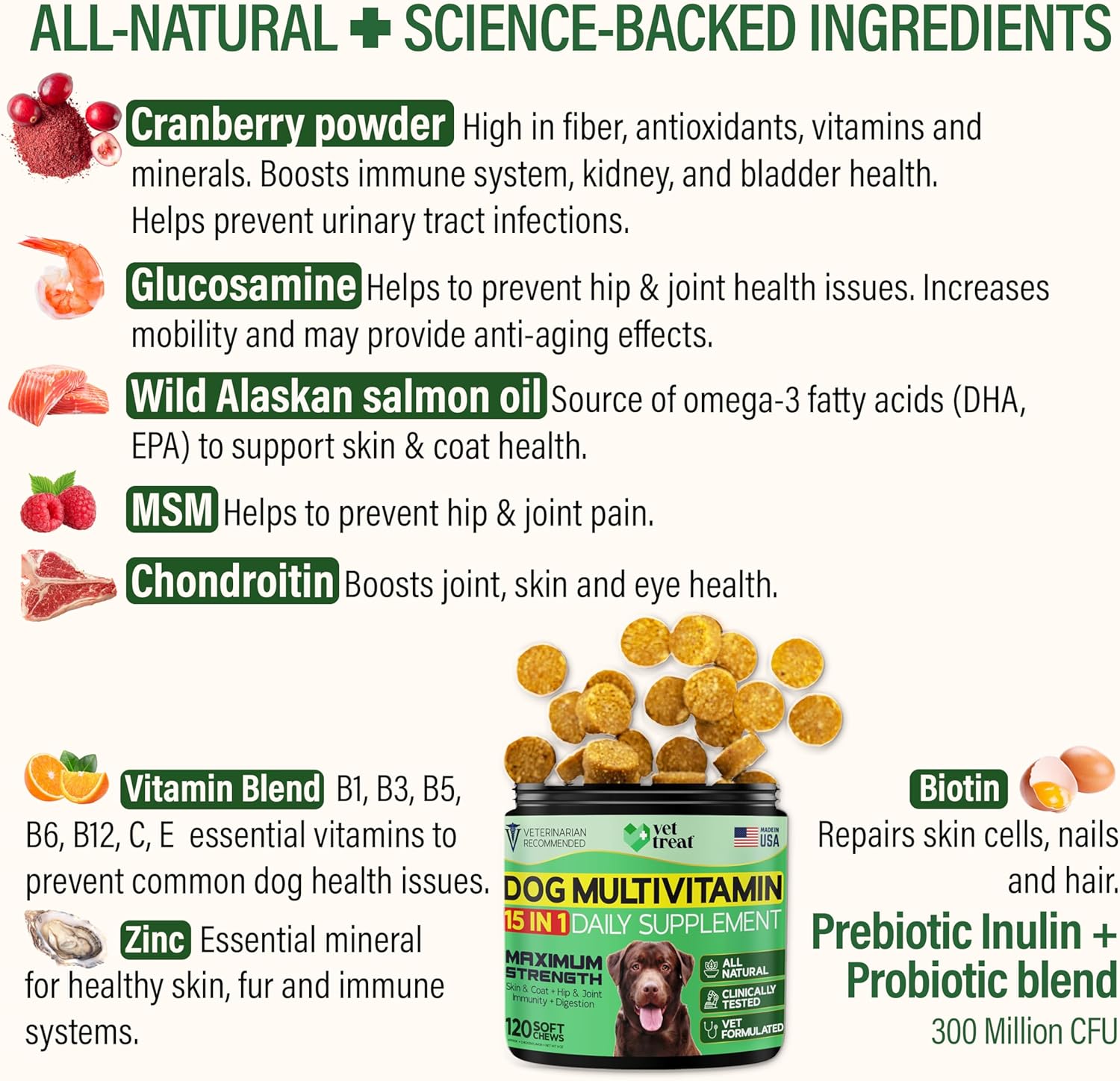 Made in USA Dog Multivitamin Chewable Treats with Glucosamine for Puppies and Seniors - 120 Treats - Dog Vitamins for Skin, Heart, Immunity, Hip & Joint Support + Salmon Oil & Probiotics