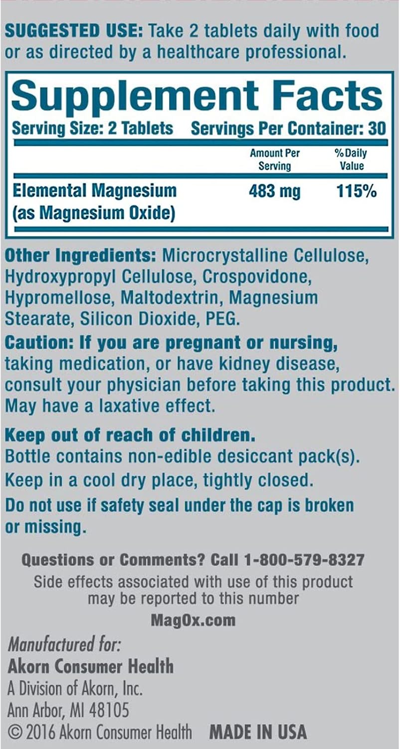 Mag-Ox 400 Magnesium Oxide Supplement Tablets, 483mg, 60 Count Bottle