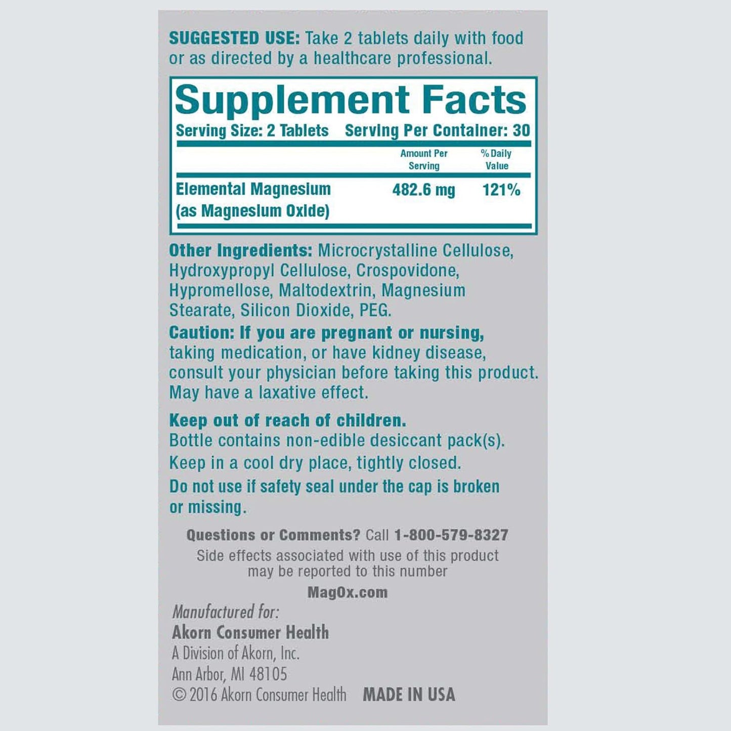 Mag-Ox 400 Magnesium Oxide Supplement Tablets, 483mg, 60 Count Bottle