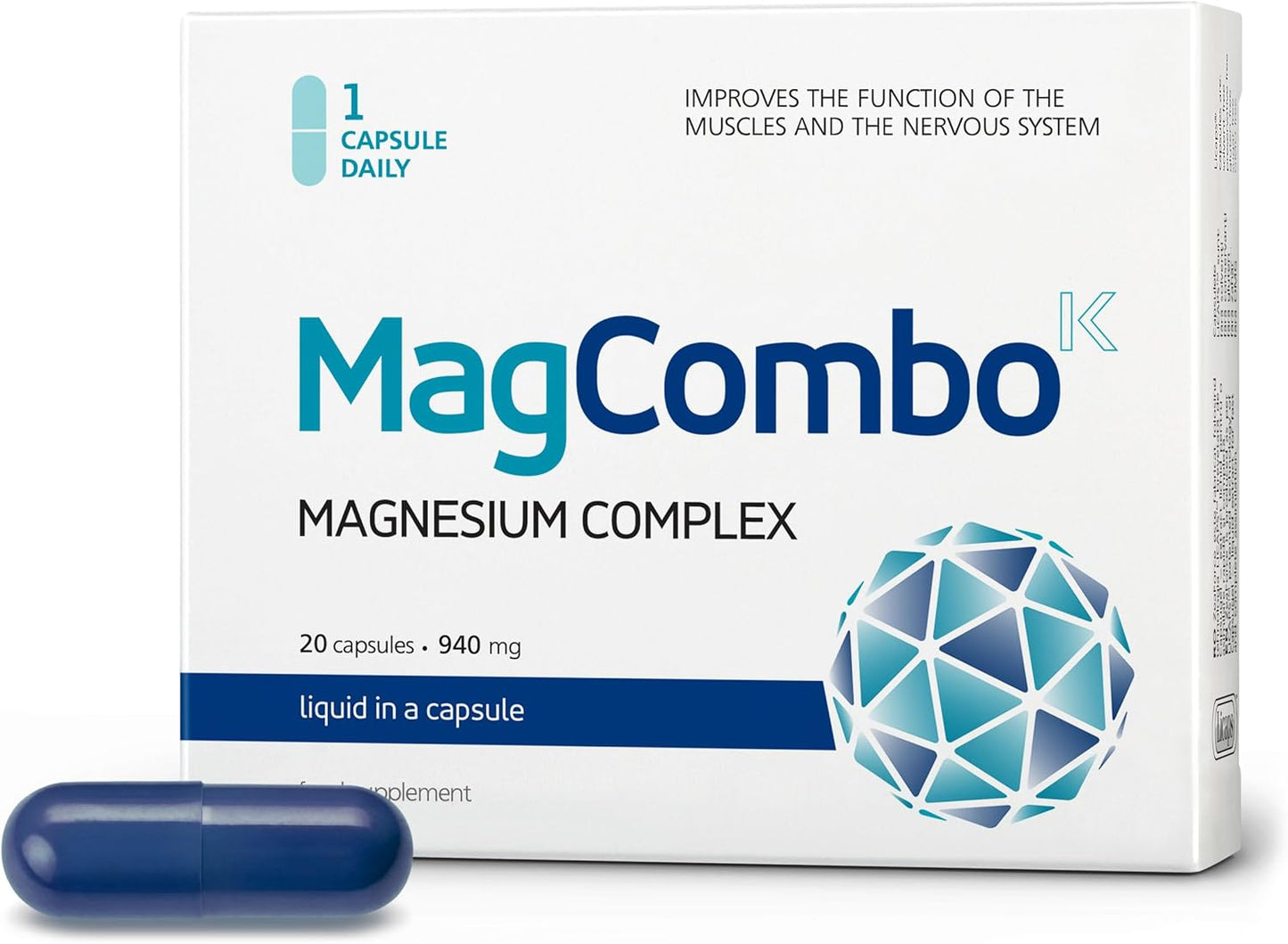 MagCombo Magnesium Supplement with Special Oil Formula for Leg Cramps & Muscle Tension, Enhanced with Vitamins B2, B6, B12, C - 1 Capsule Daily (1 Pack)