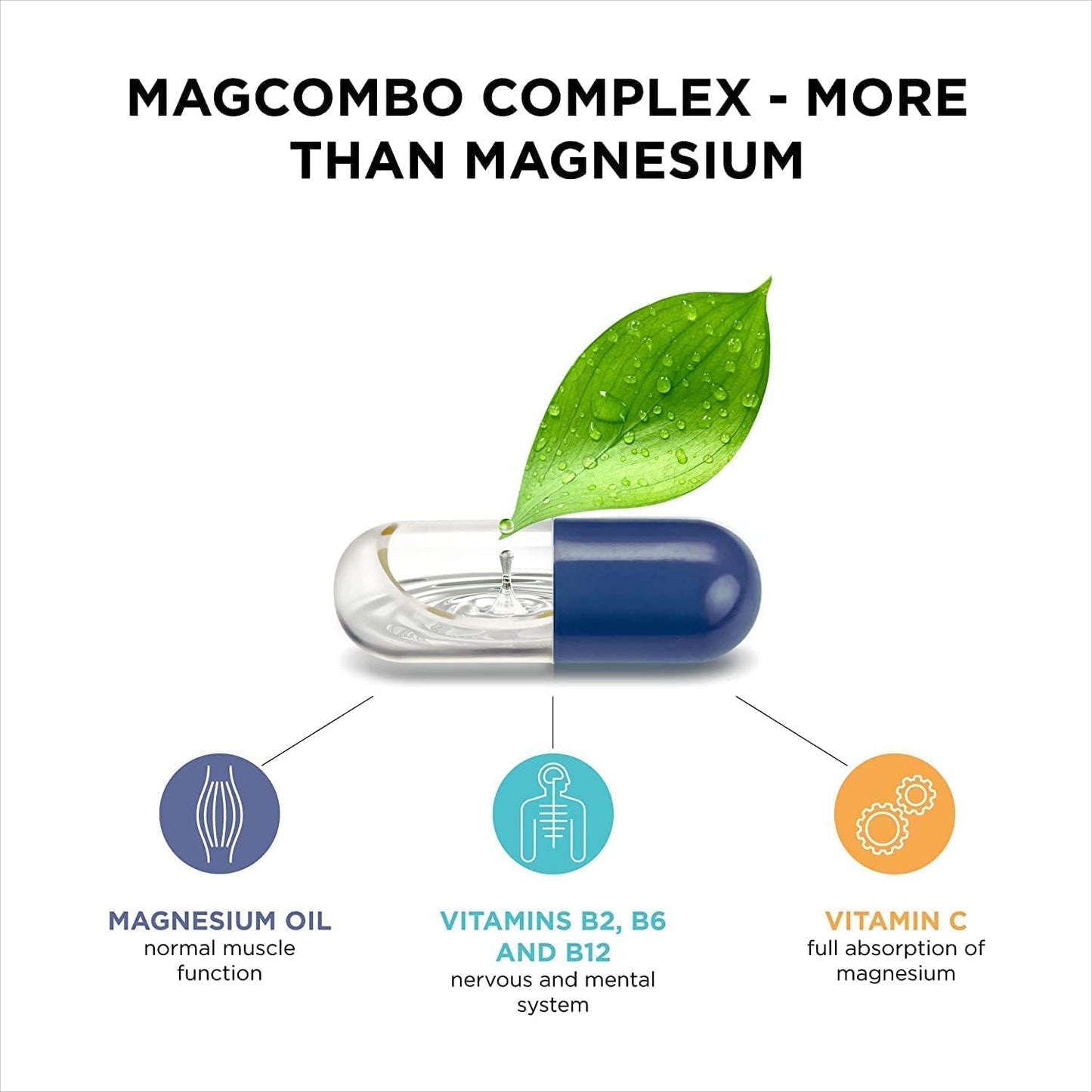 MagCombo Magnesium Supplement with Special Oil Formula for Leg Cramps & Muscle Tension, Enhanced with Vitamins B2, B6, B12, C - 1 Capsule Daily (1 Pack)