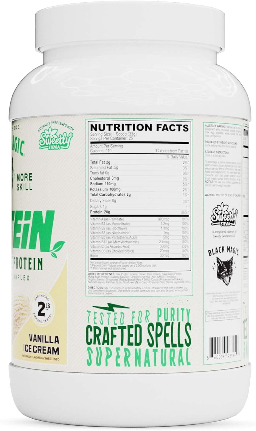 Magician Black Magic Plant-Based Vegan Protein Powder - Vanilla Ice Cream Flavor, 20g Protein, Keto-Friendly, Low Sugar, Dairy-Free, Ideal for Pre/Post Workout - 2 LB Package