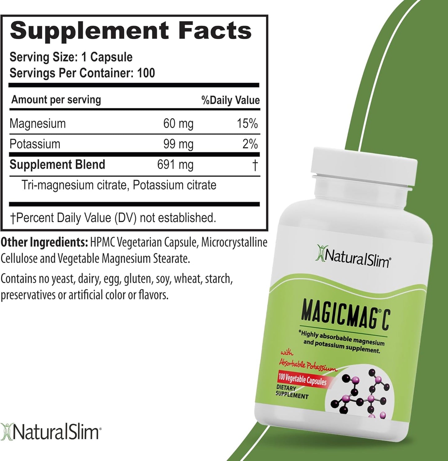 MagicMag C Magnesium Citrate Supplement - 100 Capsules for Sleep, Heart Health, Muscle Cramps - Gluten-Free Formula - NaturalSlim Potassium Magnesium