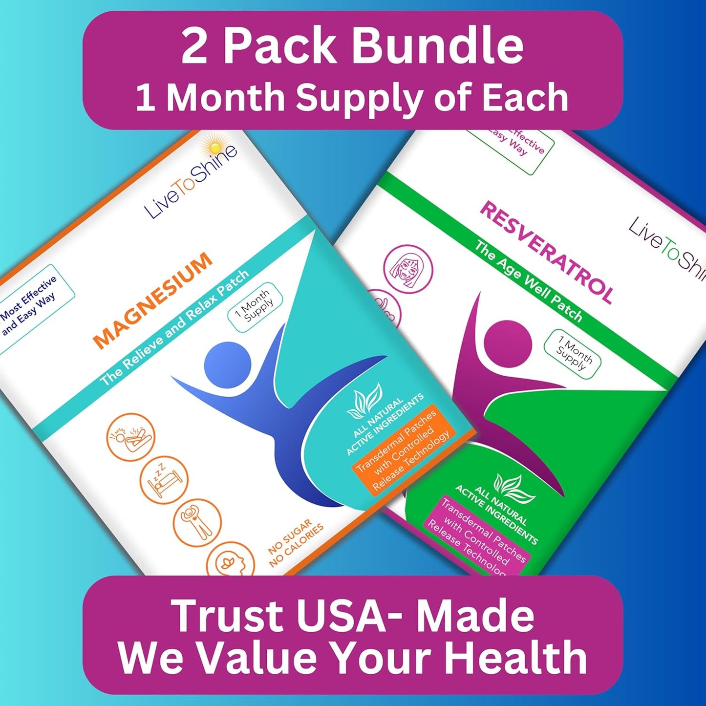 Magnesium and Resveratrol Patch Bundle - 60 Patches - 30 Day Supply Each Pack - Made in USA by Live To Shine