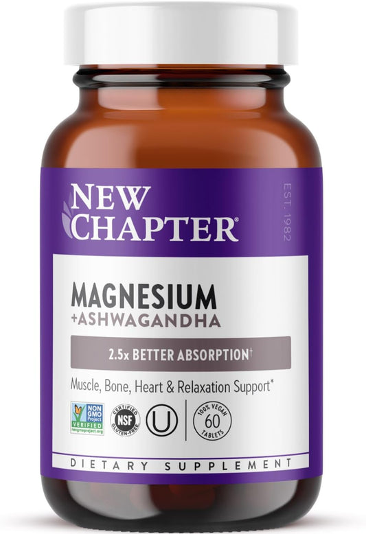 Magnesium Ashwagandha Supplement with Glycinate for Muscle Recovery, Heart & Bone Health - Gluten Free, Non-GMO - 60 ct