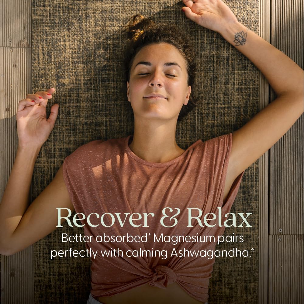 Magnesium Ashwagandha Supplement with Glycinate for Muscle Recovery, Heart & Bone Health - Gluten Free, Non-GMO - 60 ct