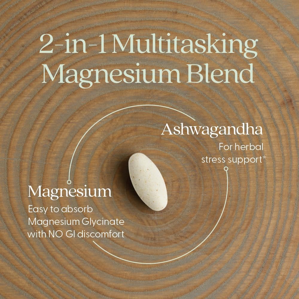 Magnesium Ashwagandha Supplement with Glycinate for Muscle Recovery, Heart & Bone Health - Gluten Free, Non-GMO - 60 ct