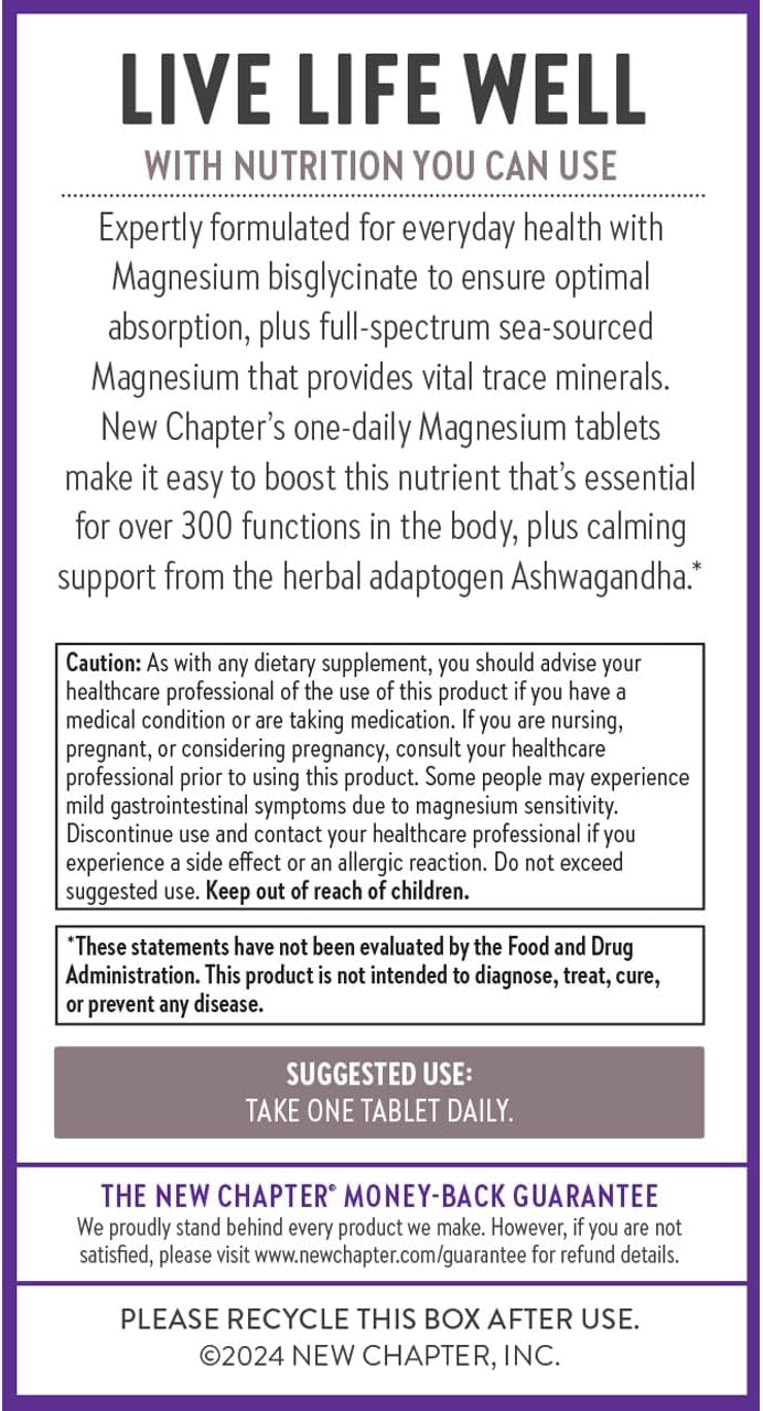 Magnesium Ashwagandha Supplement with Glycinate for Muscle Recovery, Heart & Bone Health - Gluten Free, Non-GMO - 60 ct