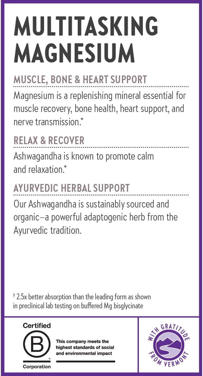 Magnesium Ashwagandha Supplement with Glycinate for Muscle Recovery, Heart & Bone Health - Gluten Free, Non-GMO - 60 ct