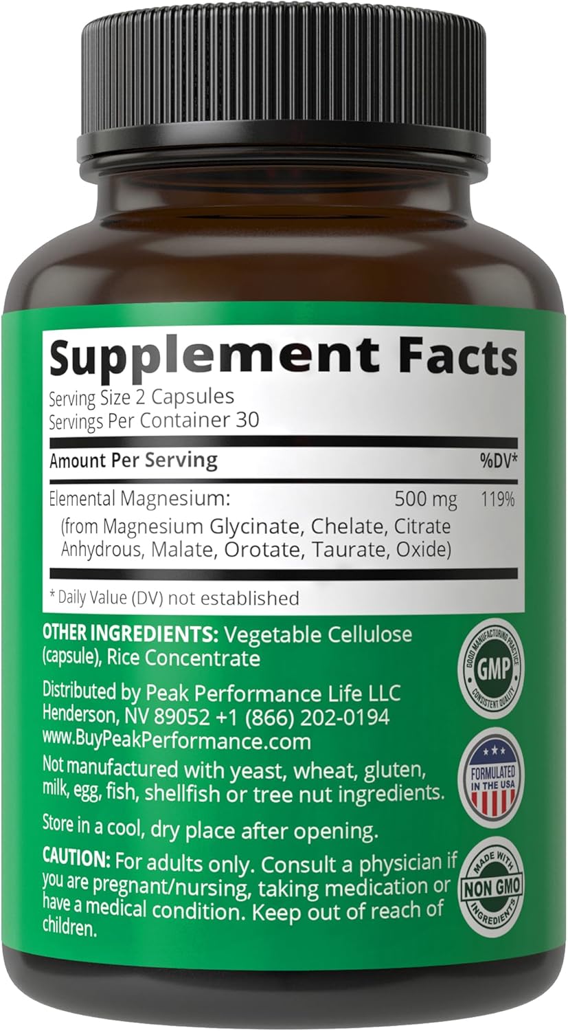Magnesium Complex Supplement with 7 Forms for Peak Performance - 500mg Capsules for Sleep, Leg Cramps, and Muscles - Men & Women Formula