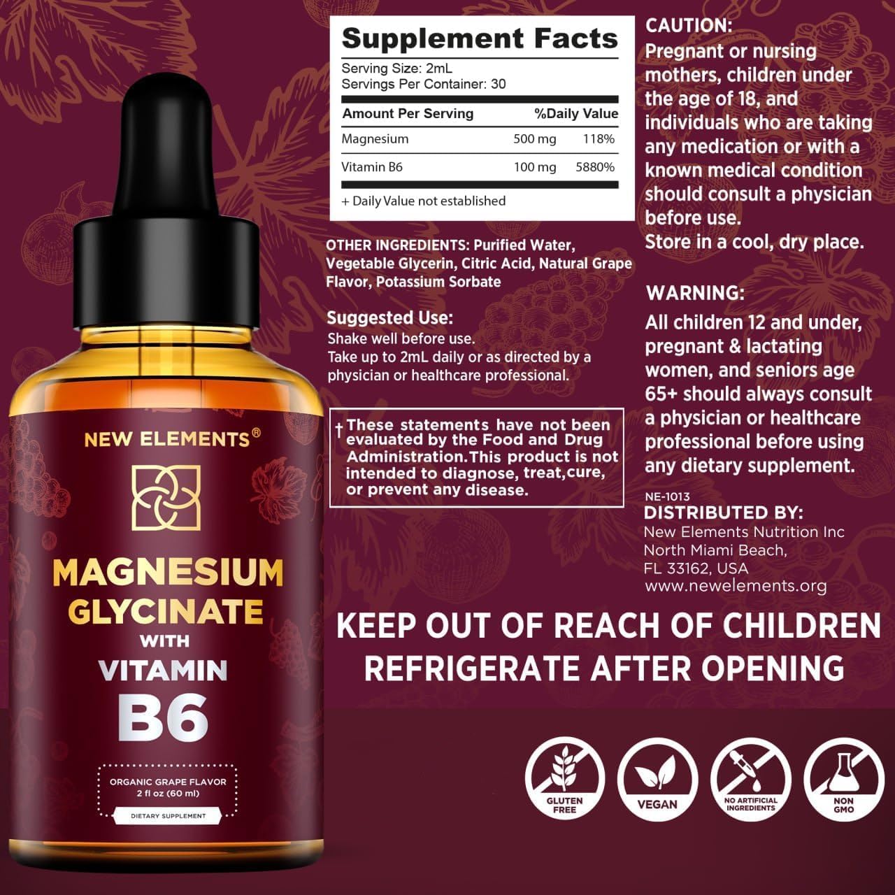 Magnesium Glycinate Drops with Vitamin B6 - 500mg & 100mg Magnesium Supplement for Stress Relief, Sleep, Muscle & Heart Support - Non-GMO, Gluten-Free, Natural & Vegan