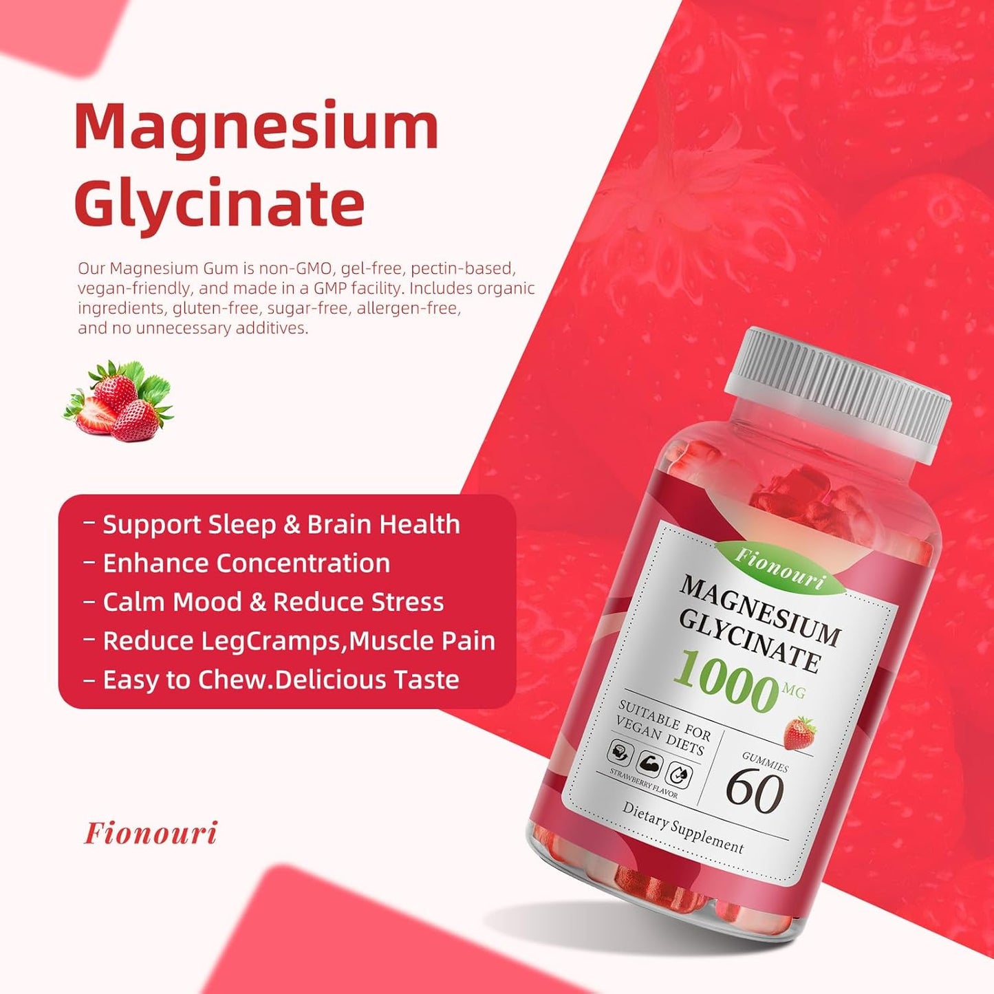Magnesium Glycinate Gummies 1000mg with Potassium, Vitamin D, B6, CoQ10 - Adult Supplement for Mood & Sleep - 120 Strawberry Gummies (2 Pack)