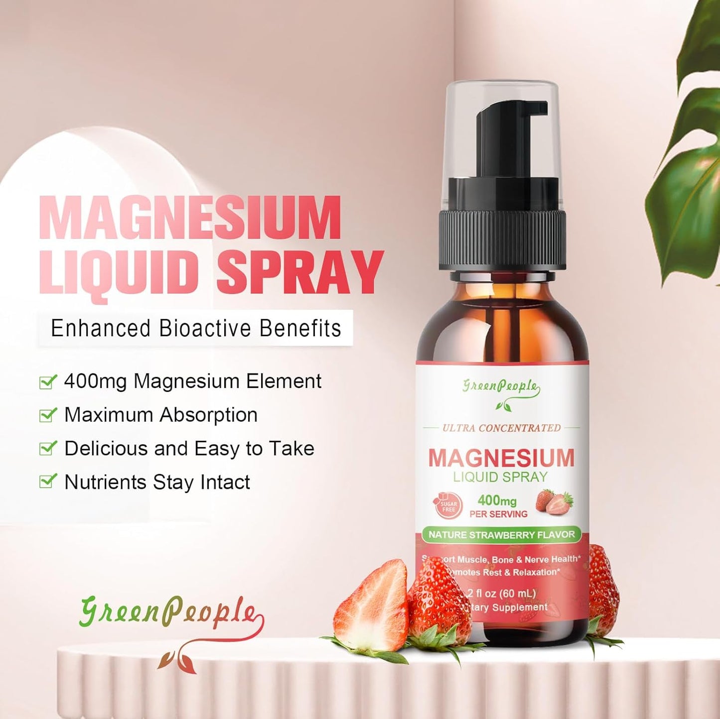 Magnesium Glycinate Liquid Spray 400mg with Potassium, Vitamin D3k2, B6 - Muscle, Bone & Sleep Support Formula by GREENPEOPLE 4 Fl Oz
